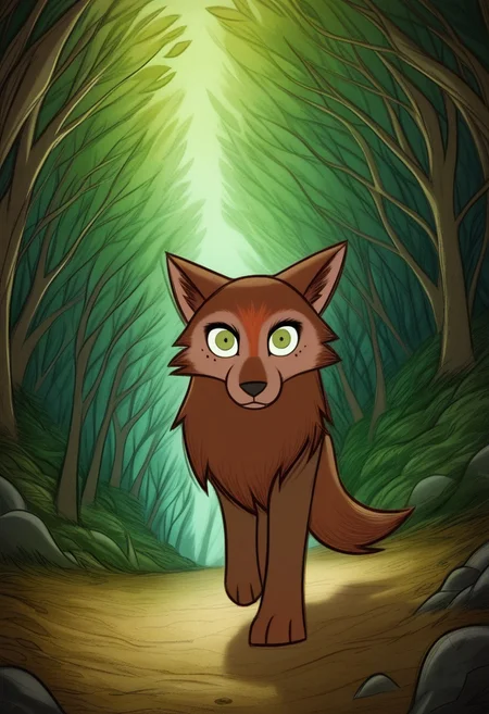 (zPDXL3), full body, solo, furry, best quality, mebh_wolf, full body, pokemon (creature), animal, wolf, green eyes, animal focus, looking at viewer, dynamic pose, outdoors, forest, dynamic angle