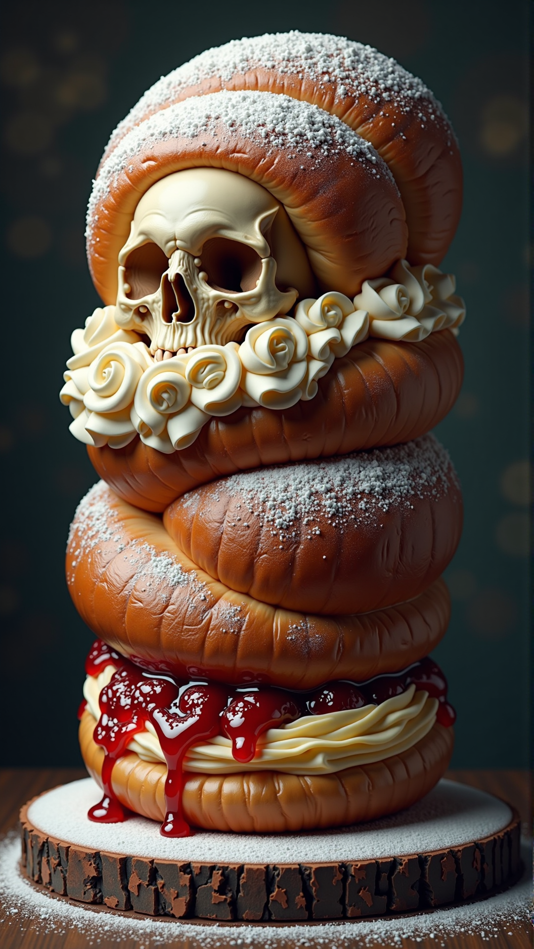 A photo of a SemlaStyle snail with human skull, oil on canvas, intricate, portrait, 8k highly professionally detailed, HDR, CGsociety, illustration painting by Mandy Jurgens and MaÅgorzata Kmiec and Dang My Linh and Lulu Chen and Alexis Franklin and Filip Hodas and Pascal BlanchÃ© and Bastien Lecouffe Deharme, detailed intricate ink illustration, heavenly atmosphere, detailed illustration, hd, 4k, digital art, overdetailed art, concept art, complementing colors, trending on artstation, Cgstudio, the most beautiful image ever created, dramatic, subtle details, illustration painting by alphonse mucha and frank frazetta daarken, vibrant colors, 8K, style by Wes Anderson, award winning artwork, high quality printing, fine art, gold elements, intricate, epic lighting, very very very very beautiful scenery, 8k resolution, digital painting, sharp focus, professional art, atmospheric environment, art by artgerm and greg rutkowski, by simon stÃ¥lenhag, rendered by Beeple, by Makoto Shinkai, syd meade, 8k ultra hd, artstationHD, 3d render, hyper detailed, elegant, by craig mullins and marc simonetti, Ross Tran and WLOP, by Andrew Wyeth and Gerald Brom, John singer Sargent and James gurney made entirely out of semla which made out of wheat material with whipped cream and with powdered sugar on top. Food craft.<lora:SemlaStyleFlux:1>