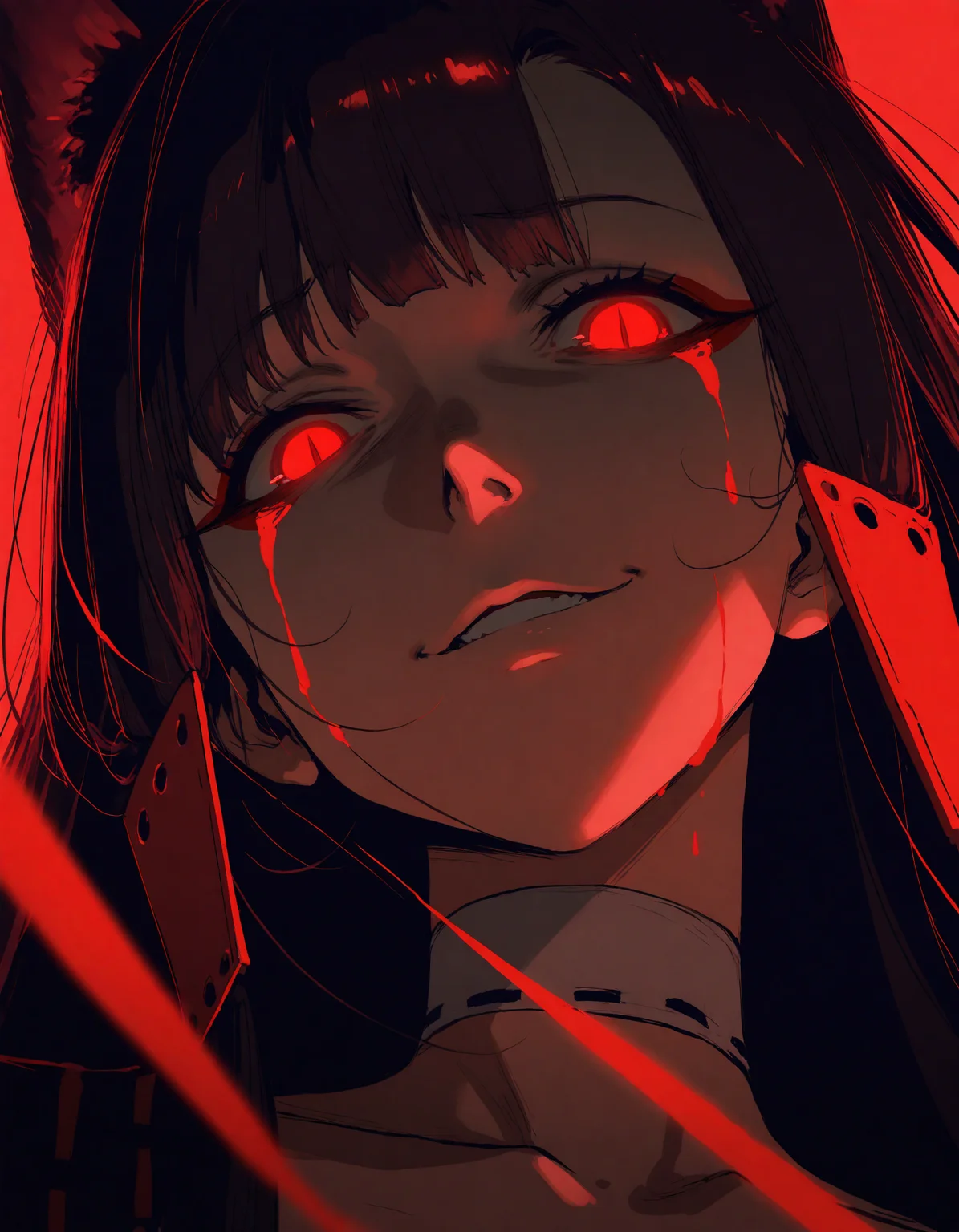 masterpiece,best quality,newest,very aesthetic,absurdres,very awa,highres,(yoneyama mai:0.4),(rella:0.4),(cutesexyrobutts:0.4),(ilya kuvshinov:0.4),newest,year 2024,year 2023,<lora:ponyv4_noob1_2_adamW:0.6>,1girl,mature female,akagi \(azur lane\),brown hair,red eyes,light,dark,portrait,bad end,blood from eyes,horror \(theme\),corruption,tragedy,looking at viewer,determined,badass,glowing eyes,slit pupils,gesugao,shaded face,light smile,limited palette,black background,(monochrome),