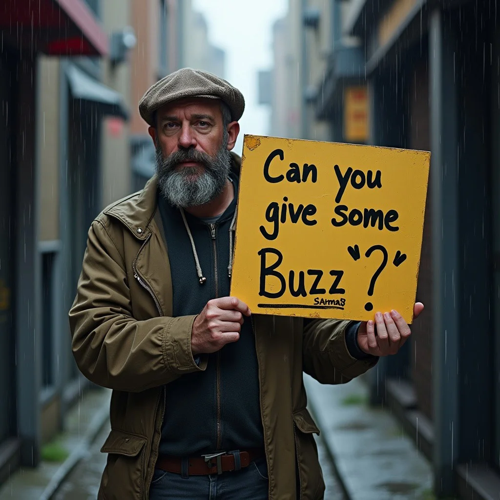 "Can you give some Buzz ? " on a sign held by a man in an alley with saggy clothes and its raining and looking at viewer