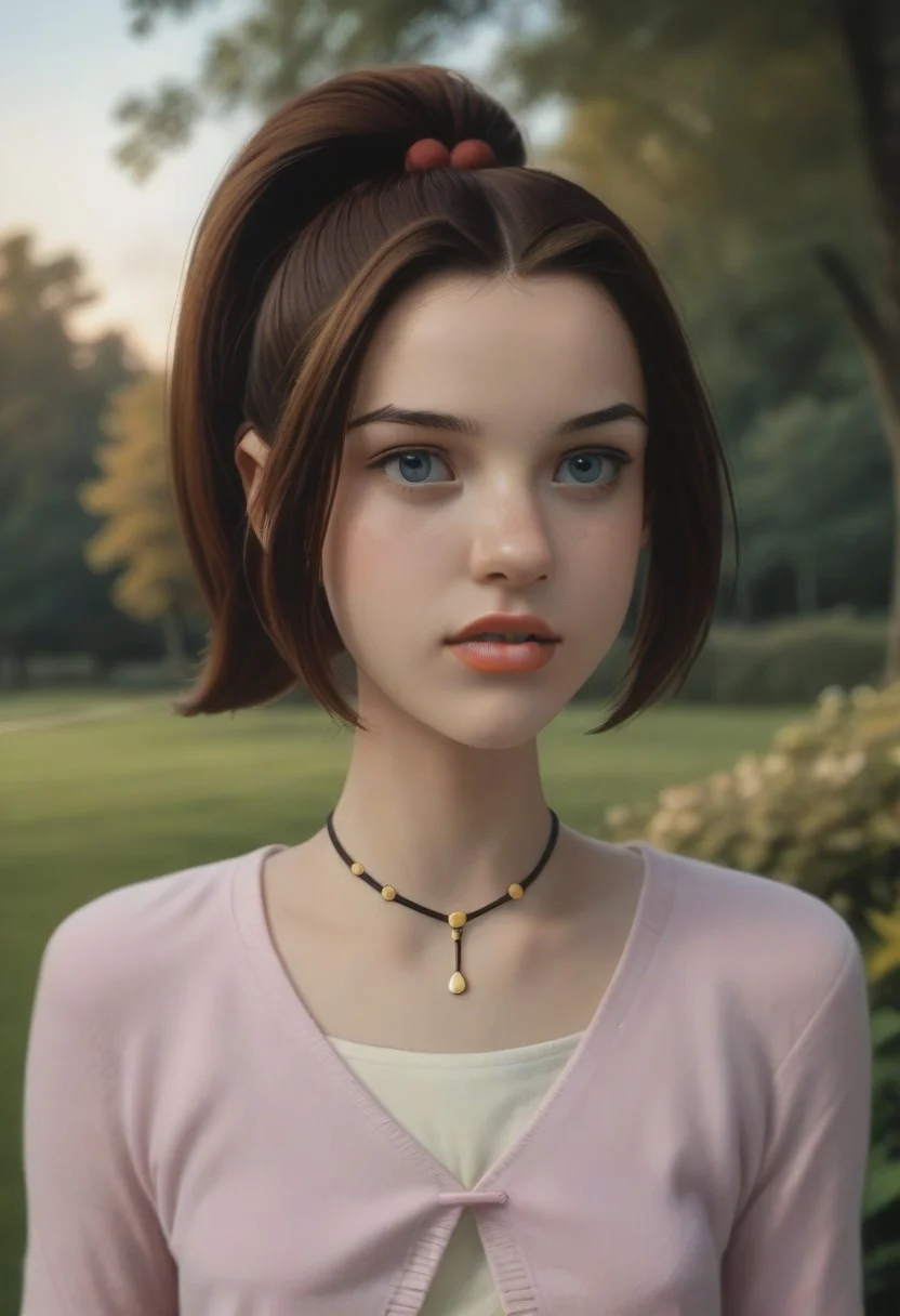 score_9, score_8_up, score_7_up, realistic photo of ktprd, 18-year-old 1girl, unique angle, unique framing, upper body, face focus, (looking at viewer), parted lips, 1girl, brown hair, high ponytail, orange lips, blue eyes, cord necklace, pink one-button cardigan, cream t-shirt, by loish, masterpiece, lips parted, slim figure, petite, (outdoors, park, blurred background, shadowed background), side lighting, warm lights