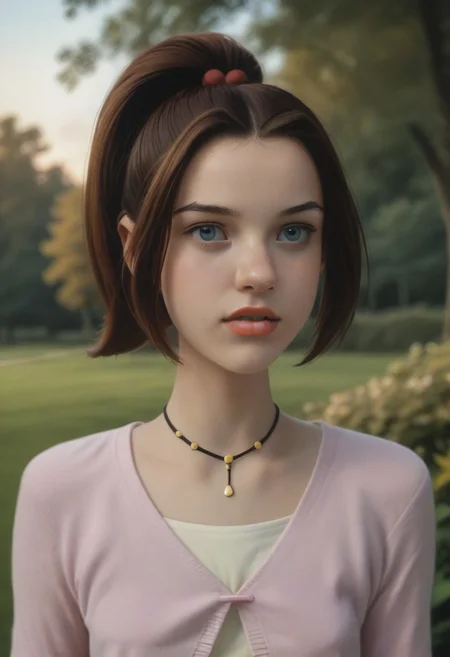 score_9, score_8_up, score_7_up, realistic photo of ktprd, 18-year-old 1girl, unique angle, unique framing, upper body, face focus, (looking at viewer), parted lips, 1girl, brown hair, high ponytail, orange lips, blue eyes, cord necklace, pink one-button cardigan, cream t-shirt, by loish, masterpiece, lips parted, slim figure, petite, (outdoors, park, blurred background, shadowed background), side lighting, warm lights