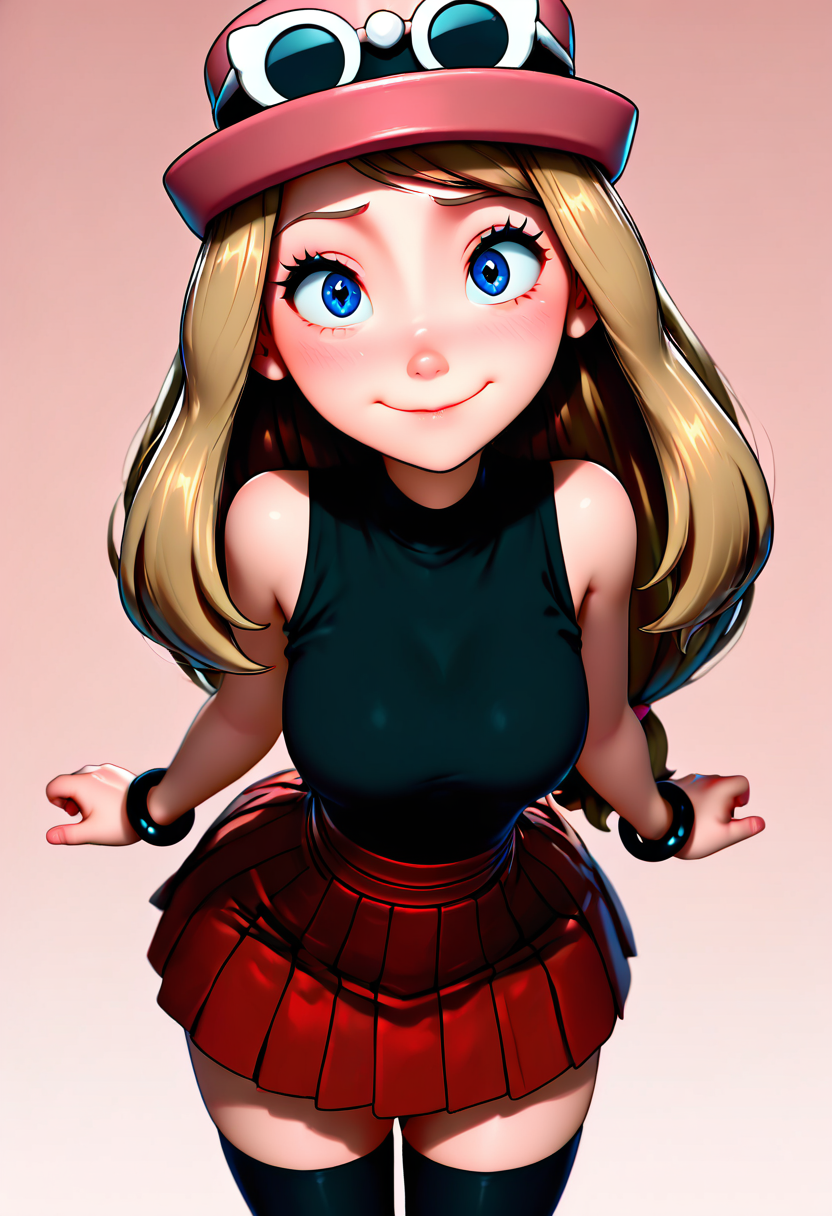 masterpiece, best quality, medium breasts, (curvy),   BREAK,  zzSerena, solo, long hair, blue eyes, eyewear on headwear, pink headwear, eyelashes, sleeveless shirt, black shirt, bracelet, high-waist skirt, red skirt, black thighhighs,<lora:SerenaPokemonIXL_v2:1.0>,smile, looking at viewer, cowboy shot,  (dynamic pose, foreshortening, leaning forward:1.2), (3d:1.3),   ,<lora:C3CitronNAI:1.0>,