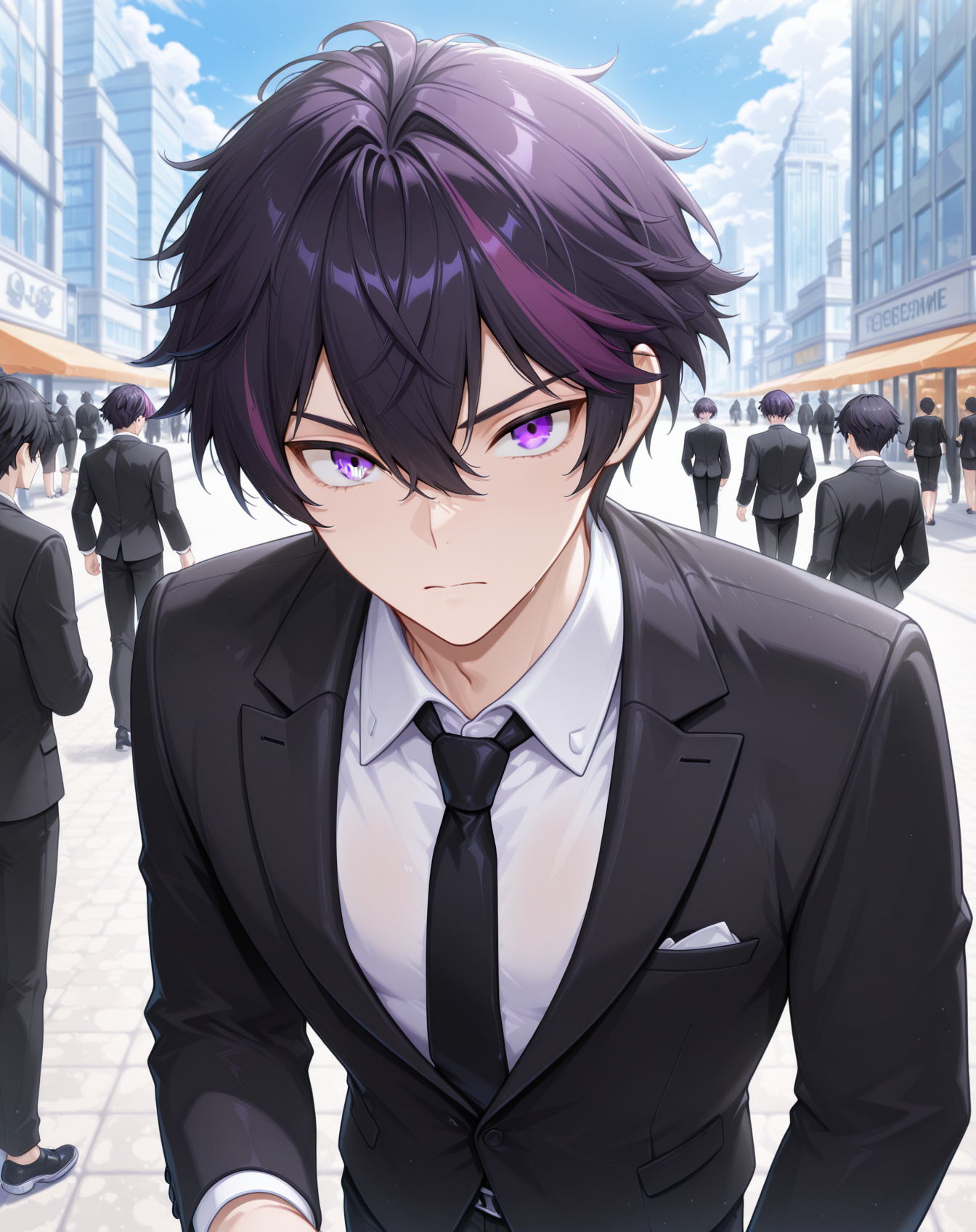 masterpiece,best quality,amazing quality, newest, very aesthetic, absurdres,
1boy, solo, yaoi, male focus, looking at viewer, cowboy shot, standing,
<lora:Sieghart_T_Summer:1> siegtsummer, black hair, streaked hair, purple hair, grey eyes, short hair, hair between eyes,
formal, tuxedo, neck ribbon, white shirt, collared shirt, black pants, shoes, black footwear, suit jacket, black jacket, 
outdoors, day, blue sky, building, people,