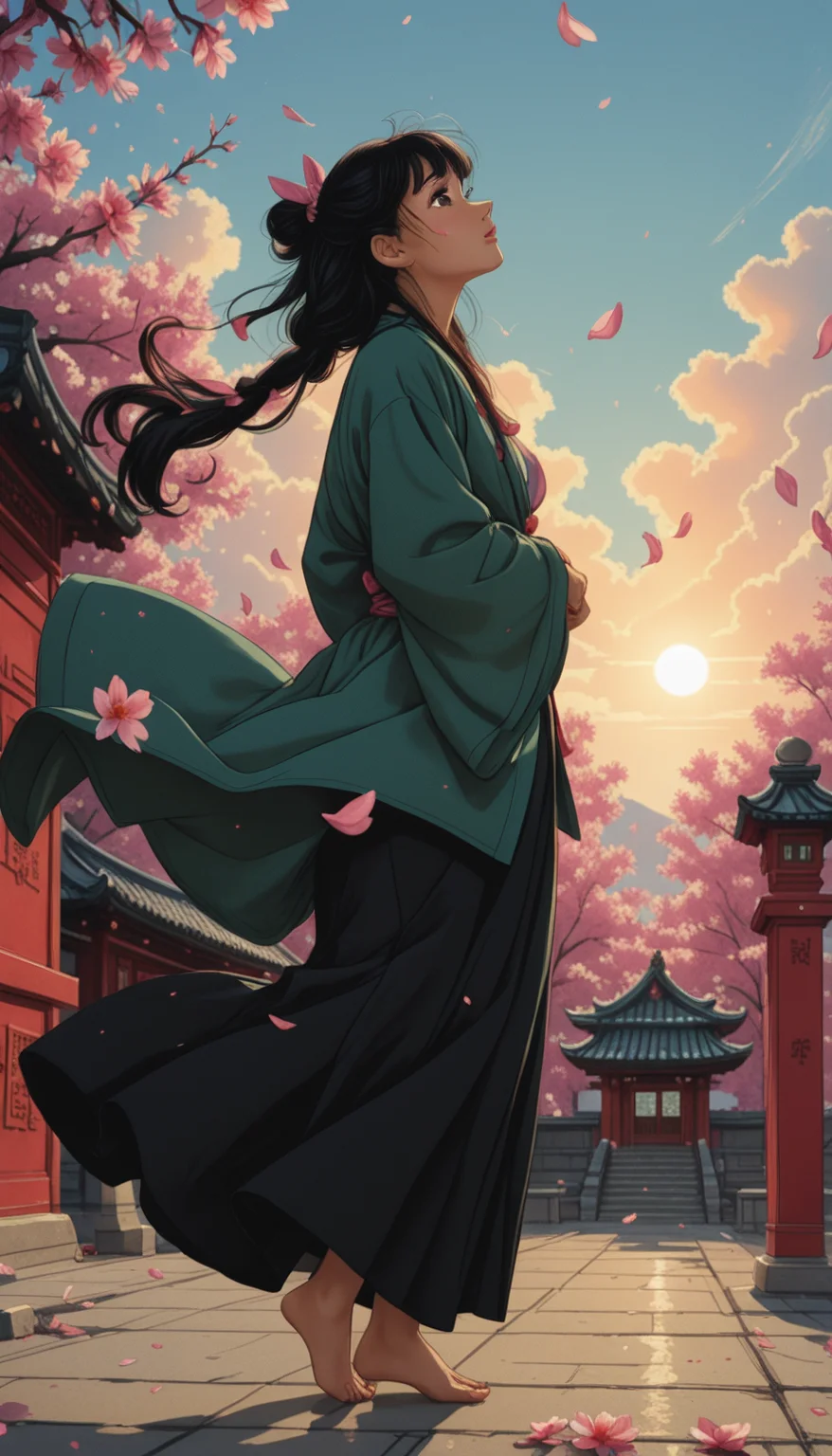 masterpiece,
high_quality, highres, detailed_eyes, detailed, masterpiece, best quality, absurdres, 8k, HDR, face_focus, high quality, very_awa, newest, absurdres, highres, depth_of_field, realistic_skin,
pinkretroanime, retro art,
Jeddtl02,
p0nyd1sney1ncasev1x0n2, very aesthetic, detailed face, (dynamic:1.2), stylized, illustration, dynamic pose, nsfw, girl, tall body, slender body, fit body, long legs, deep cleavage, (freckles on the face:1.25), A young woman with long black hair adorned with red flowers stands in front of an ornate wooden temple. She is dressed in a vibrant green traditional Japanese kimono, which contrasts beautifully with her flowing black hair. Her right hand lightly touches the blossom petals that gently fall around her, creating a soft, ethereal effect. The setting sun casts a warm glow across the scene, highlighting the temple's intricate details and the delicate pink cherry blossoms that sway gently in the breeze. The tranquil atmosphere is enhanced by the temple's serene ambiance and the softness of the falling petals. A slight haze overlaying the image adds a dreamy quality to the scene, evoking a sense of peacefulness and reflection., 1girl, solo, long hair, blush, smile, bangs, skirt, black hair, hair ornament, long sleeves, ribbon, holding, brown eyes, closed mouth, standing, jacket, full body, hair ribbon, ponytail, braid, flower, outdoors, parted lips, japanese clothes, sky, barefoot, day, cloud, wide sleeves, blunt bangs, black skirt, kimono, hair bun, black eyes, twin braids, from side, tree, blue sky, sash, petals, single braid, profile, floating hair, shadow, looking away, chinese clothes, sunlight, single hair bun, own hands together, looking up, cherry blossoms, wind, building, hakama, scenery, pink flower, hair rings, half updo, backlighting, walking, sunset, braided ponytail, robe, green jacket, stairs, sun, haori, looking afar, architecture, tiptoes, east asian architecture, falling petals, twilight, shrine, rooftop, green coat, sunrise, black hakama, hanfu, spring \(season\), stone lantern