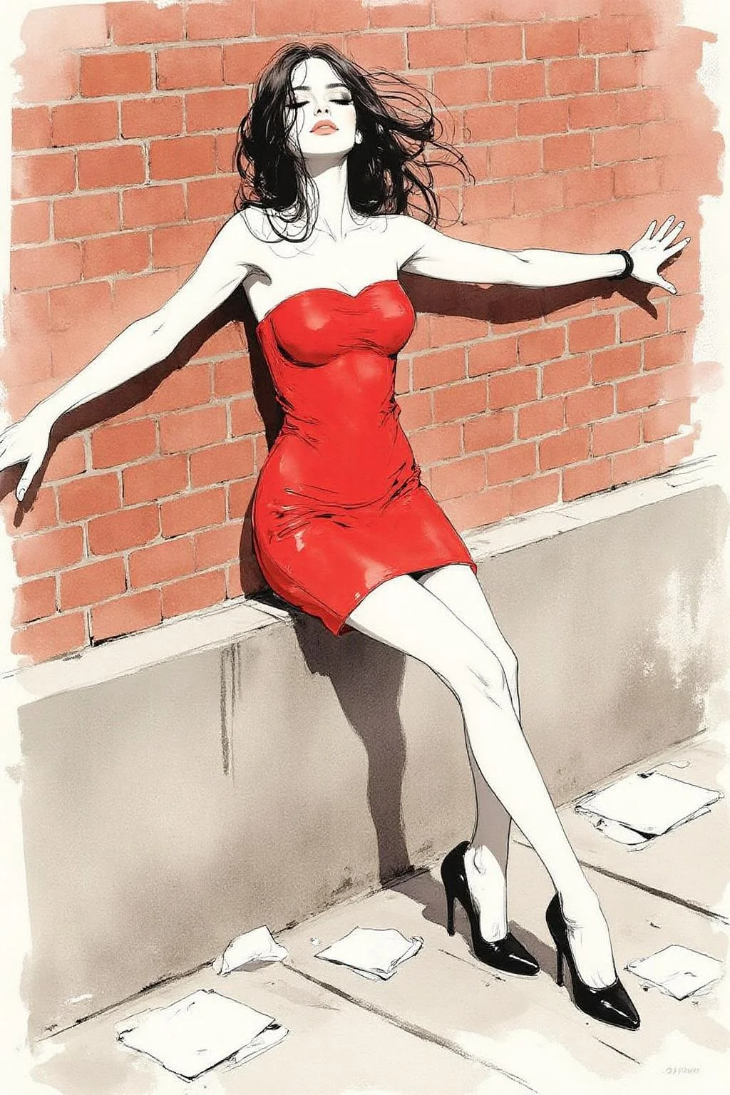 nijiwc1 watercolor ink wash brush style illustration.
A woman leaning against a brick wall, set in an urban environment. She has long black hair flowing loosely and wears a short, strapless red dress that clings to her figure, emphasizing a sense of motion and sensuality. Her pose is dramatic, with her arms stretched against the wall and her head tilted slightly back, exuding a sense of vulnerability and allure. She is wearing black high-heeled shoes, and the ground below features scattered papers and debris, adding a gritty urban atmosphere. The brick wall and stone base provide a textured backdrop with warm tones, contrasting with the bold red of her dress. <lora:inkwash_niji_nocap_d6a3:1.0><lora:806947007135511401:0>