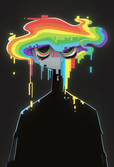 did vaporwave style, solo, upper body, 1boy, male focus, black background, 1other, simple background, body made of rainbow stripes, black bodysuit, rainbow theme, melting, vapor, smoke, glitch, horror (theme), glowing, zPDXL2