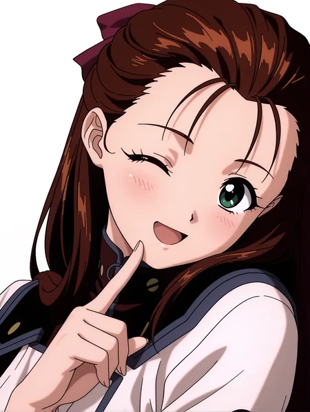 masterpiece,best quality,newest,1girl,solo,
<lora:miho_miho_ilxl_v1.2:1>,miho_miho,green eyes,m_clothes,
<lora:Fixhands_anime_bdsqlsz_V1:1>,looking_at_viewer,upper_body,face_focus,dynamic_angle,cinematic_angle,finger to own chin,light_blush,one eye closed,white_background,simple_background,:d,open mouth,