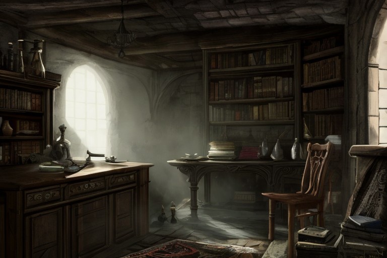 medieval, interior, medieval interior, wooden interior, table, chair, big black cauldron, shelves, books, scrolls, window covered with thin see-through animal hides, (jars filled with mysterious ingredients for brewing potions with:0.4), herbs, a small pestle and mortar, 
HD, very detailed, ambient lighting,
<lora:more_details:1> <lora:Bloodborne:0.25> ,   <lora:FantasyInteriors:0.4> fanint <lora:FantasyStudy:0.4> fanstu