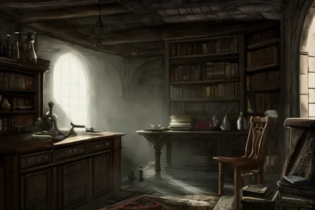 medieval, interior, medieval interior, wooden interior, table, chair, big black cauldron, shelves, books, scrolls, window covered with thin see-through animal hides, (jars filled with mysterious ingredients for brewing potions with:0.4), herbs, a small pestle and mortar, 
HD, very detailed, ambient lighting,
<lora:more_details:1> <lora:Bloodborne:0.25> ,   <lora:FantasyInteriors:0.4> fanint <lora:FantasyStudy:0.4> fanstu