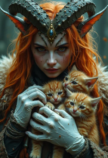 cosplay, cosplayer, stock photography, surreal photography, movie still, fantasy story, anthropomorphic, whimsical photography, 135mm, At the local animal shelter, a harpy named Helga is carefully cuddling a litter of adorable, playful kittens. Her sharp, taloned claws and feathery, wing-like hair make her seem like a fierce, mythical creature, but her warm, golden eyes betray a deep love for the kittens she cares for. She wears a pair of soft, white gloves to complete her cuddling attire.