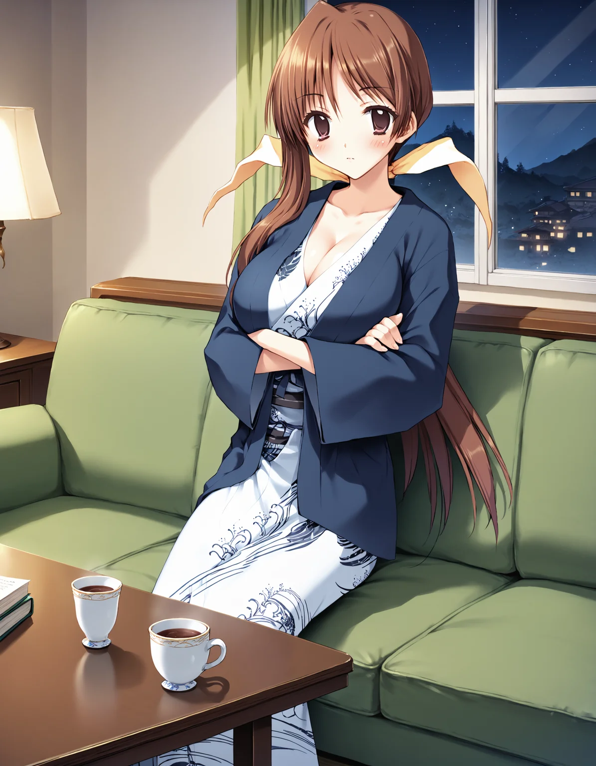 score_9, score_8_up, score_7_up, score_6_up, score_5_up, score_4_up, source_anime
BREAK
misaki_olis, 1girl, solo, brown hair, asymmetrical hair, low ponytail, hair bow, brown eyes, bath yukata, blue jacket, large breasts, cleavage, crossed arms, looking at viewer, blush
BREAK
couch, wooden table, night, window, indoors
<lora:Misaki_BokuNoKanojoWaGatenkei_PonyXL_v1:1>