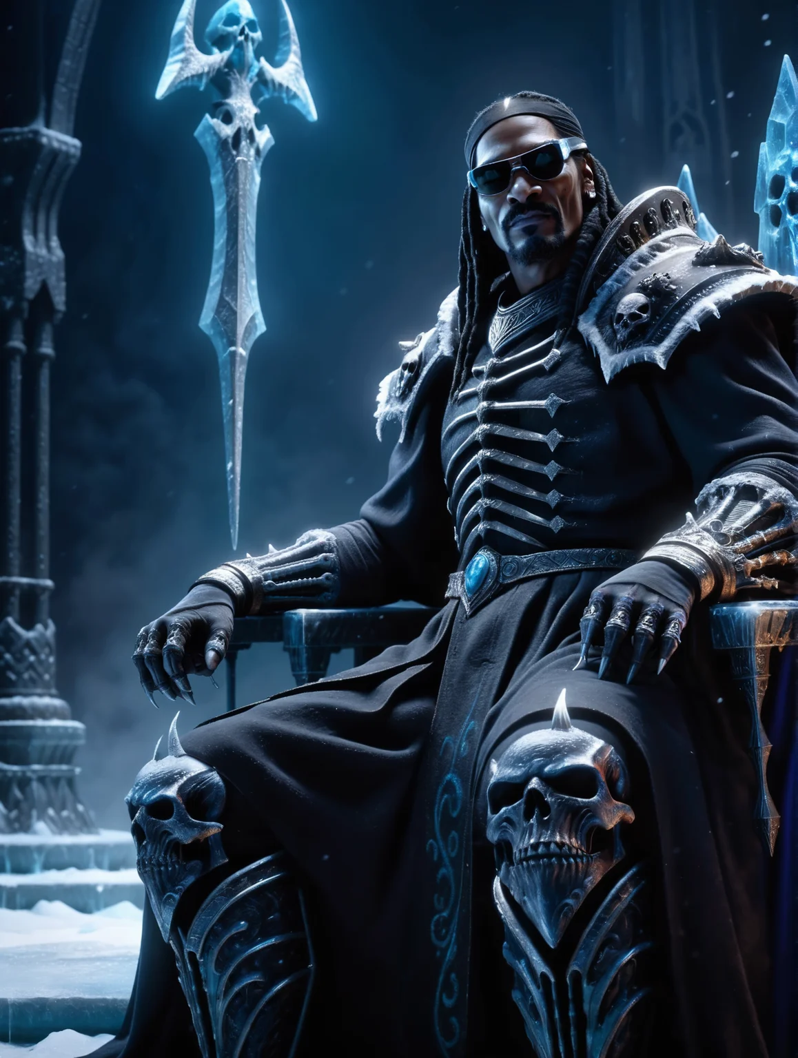 cinewow,snoop dog,death knight ,sitting on the frozen throne,smiling,epic,cinematic,best quality,photoreal,masterpiece,awardwinning,trending on artstation and deviantart, <lora:cinewow_alt:1>