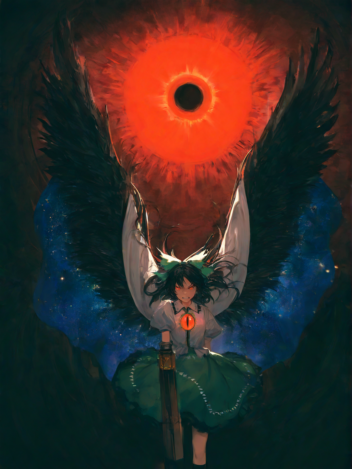touhou, reiuji_utsuho,1girl,arm_cannon,black_footwear,black_hair,black_socks, black_wings ,bow, cape, clenched_teeth ,control_rod_(touhou), feathered_wings, glowing, glowing_eyes, green_bow ,green_skirt ,hair_bow ,kneehighs, long_hair, looking_at_viewer ,red_eyes ,shirt ,skirt ,socks, solo ,starry_sky_print, sun ,teeth ,third_eye, white_shirt, wings, cowboy_shot,
 negative space, , very awa, masterpiece, highres, absurdres, newest, 
<lora:illustrious_noobai_epsilon_pred_11_very_aesthetic_v1:0.7> ,<lora:USNR STYLE_XL_loha:0.7>