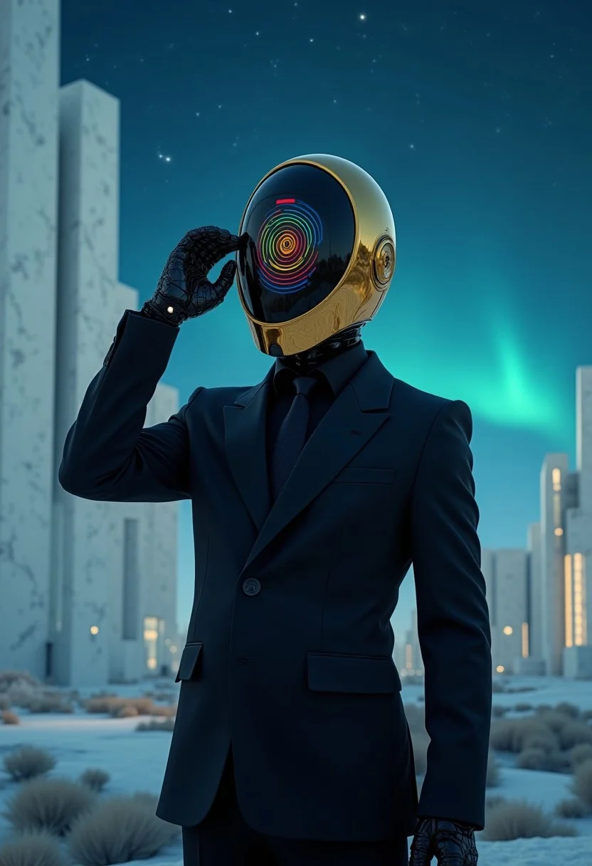 Cinematic, futuristic scene featuring a close-up portrait of a mysterious figure wearing a dark, tailored stylish black suit. The figure stands in a serene, dream-like landscape surrounded by massive modern buildings, under a vast starry night sky. The figure's helmet is elongated golden with a dark transparent glowing glass revealing swirling rainbow geometric patterns, evoking an otherworldly aura. The figure stands poised, holding one hand upwards while adjusting his glove and covering his robotic joints beneath the glove. In the distant background, tall futuristic white marble and glass buildings and skyscrapers rise softly into a horizon with a gentle, ethereal glow, blue aurora lights the sky, enhancing the enigmatic atmosphere. 
Highly detailed, hyper-realistic, soft lighting, HKMagic style