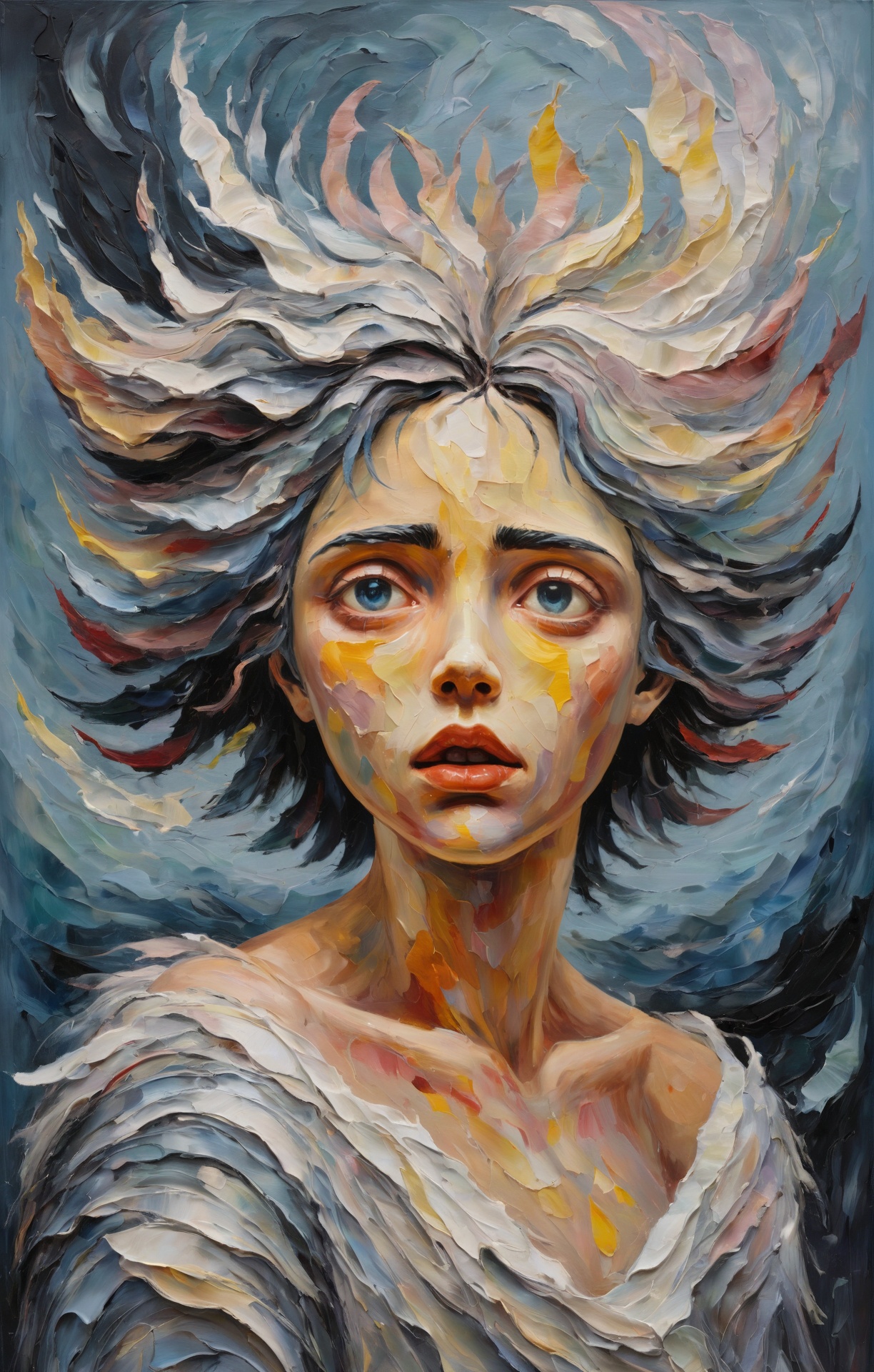 (art), an impasto oil painting of the personification of our hopes and dreams, heavy brush strokes, chaotic, ethereal and surreal <lora:xslxartv4:0.65>