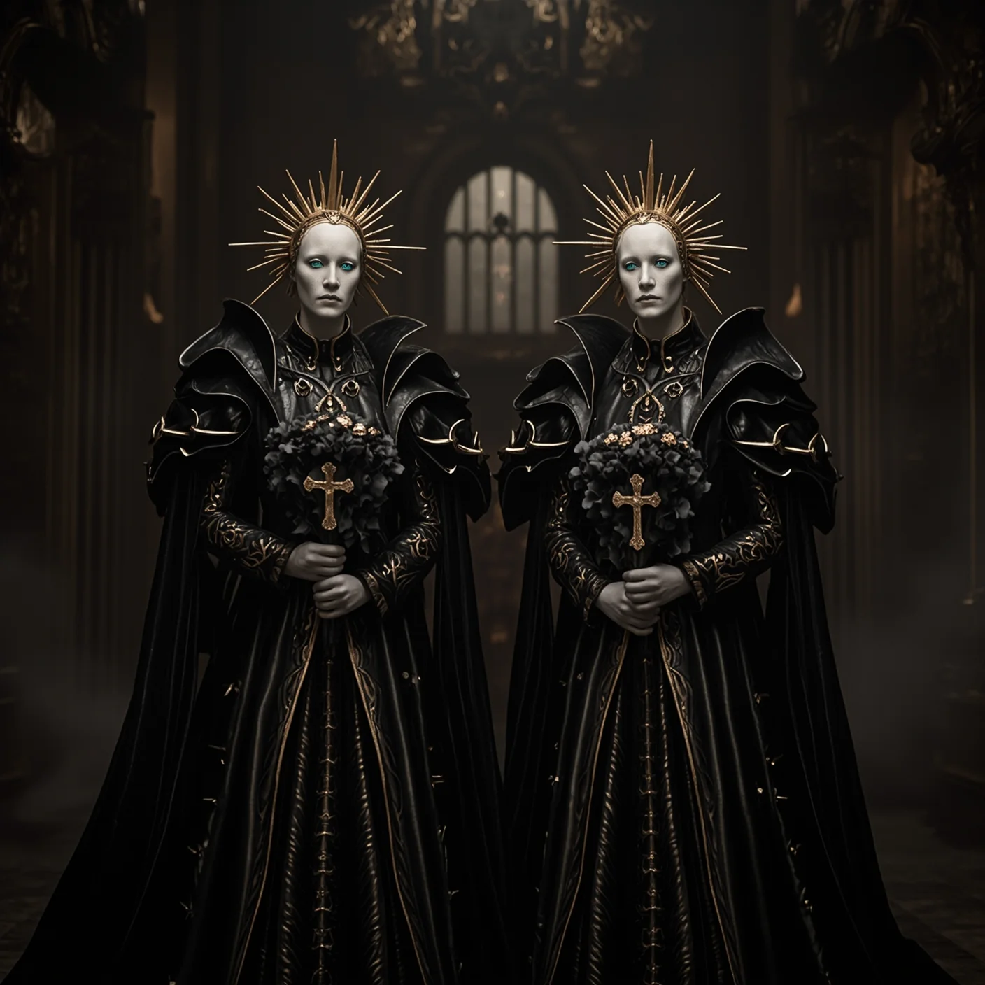 This is a beautiful artwork featuring two identical, pale-skinned figures dressed in elaborate, black, gothic-style robes adorned with gold details. They wear ornate, sunburst-like golden halos and hold dark bouquets with prominent gold crucifixes. Their faces are expressionless and white, with striking blue eyes. The background is a dimly lit, intricately detailed, gothic cathedral interior with a large, ornate window. The lighting is predominantly artificial, casting a somber, mystical ambiance. The composition uses symmetry and leading lines, with a shallow depth of field that keeps the background slightly blurred.