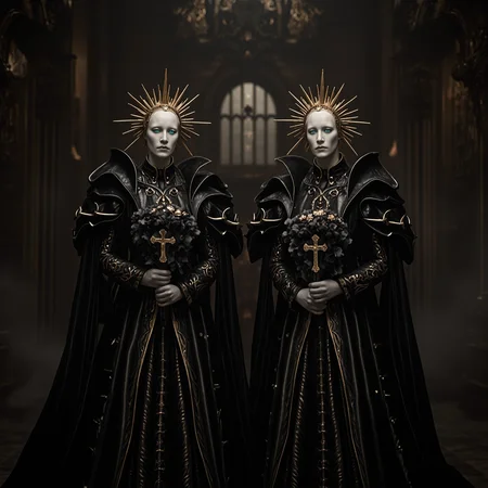 This is a beautiful artwork featuring two identical, pale-skinned figures dressed in elaborate, black, gothic-style robes adorned with gold details. They wear ornate, sunburst-like golden halos and hold dark bouquets with prominent gold crucifixes. Their faces are expressionless and white, with striking blue eyes. The background is a dimly lit, intricately detailed, gothic cathedral interior with a large, ornate window. The lighting is predominantly artificial, casting a somber, mystical ambiance. The composition uses symmetry and leading lines, with a shallow depth of field that keeps the background slightly blurred.