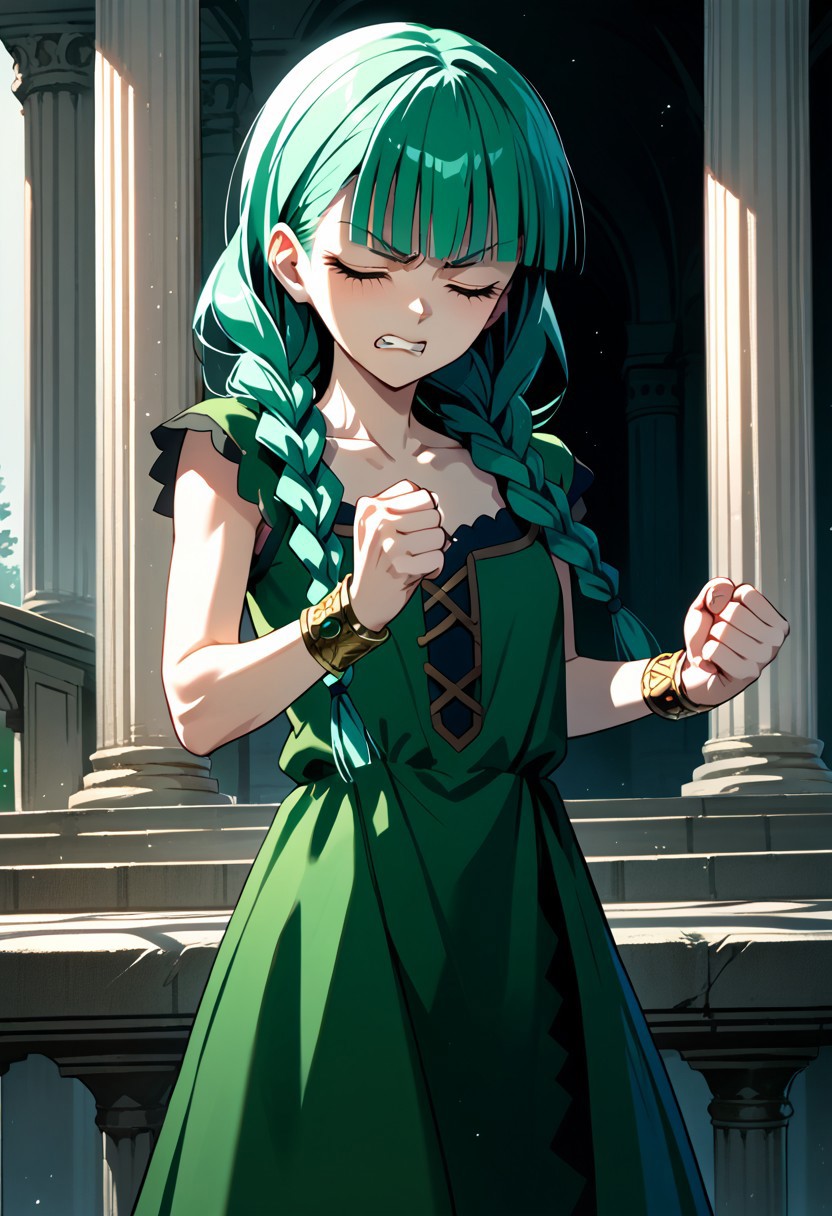 score_9,score_8_up,score_7_up,source_anime,Atla Fayon,1girl,solo,dress,jewelry,collarbone,closed eyes,braid,teeth,blunt bangs,bracelet,twin braids,parody,clenched teeth,clenched hands,green dress,pillar,