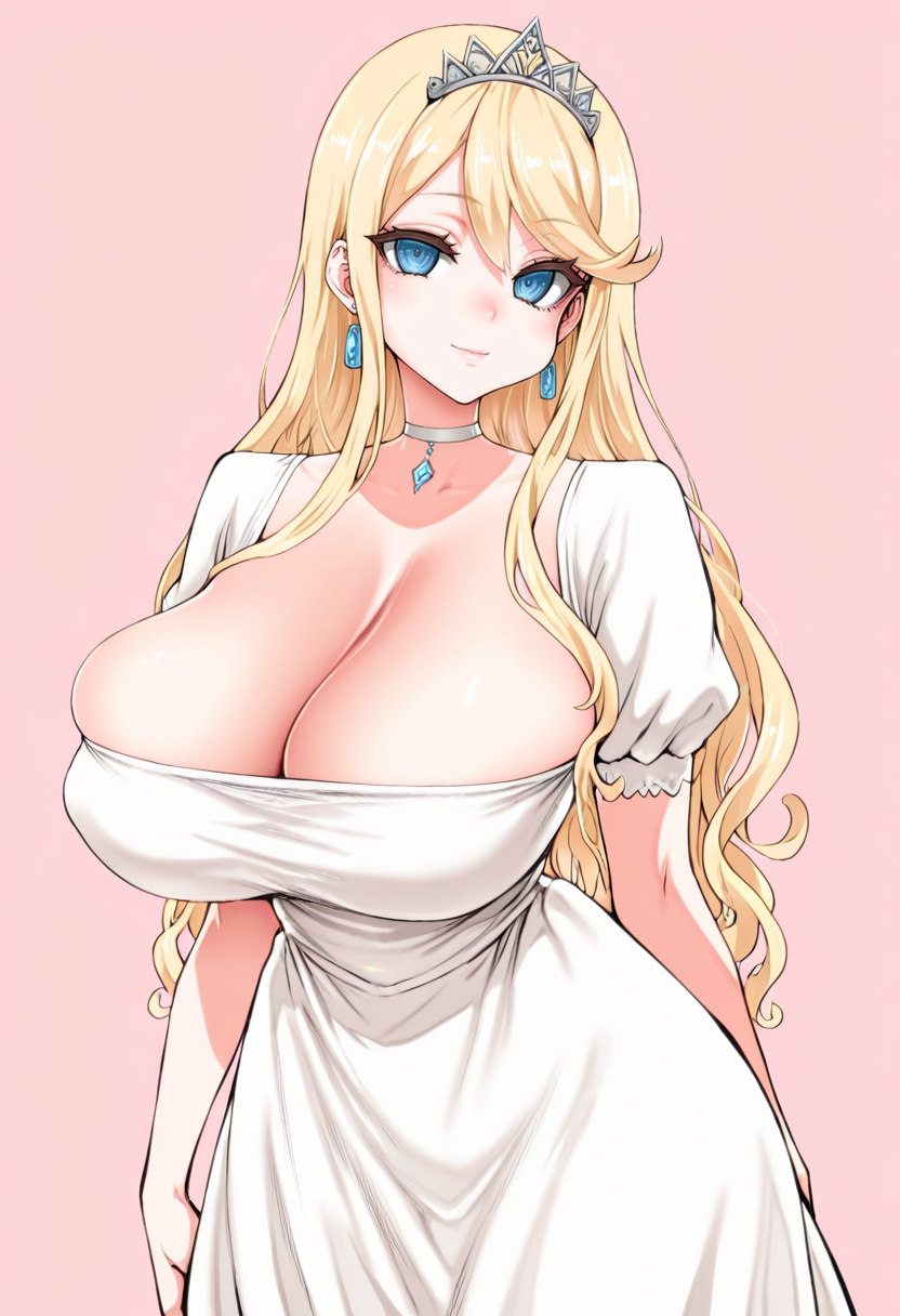 masterpiece, best quality,
 <lora:Asanagi:1> S4s4k1Nsfw, 1girl, solo,standing,looking at viewer, light smile, blonde hair, long hair, huge breasts, narrow waists, tiara, choker, earrings, dress, white dress, long dress, cleavage, pink background, simple background, upper body,