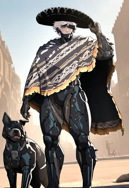 masterpiece, best quality, newest, absurdres, highres, 1boy, <lora:RaidenMGRR_illusXLNoobAI_Incrs_v1:1> RaidenMGRSombrero, male focus, muscular male, white hair, short hair, hat, cyborg, mechanical chin, bodysuit, eyepatch, one eye covered, solo, outdoors, cityscape, arizona, standing, dog, mechanical dog, blue eyes, cape,