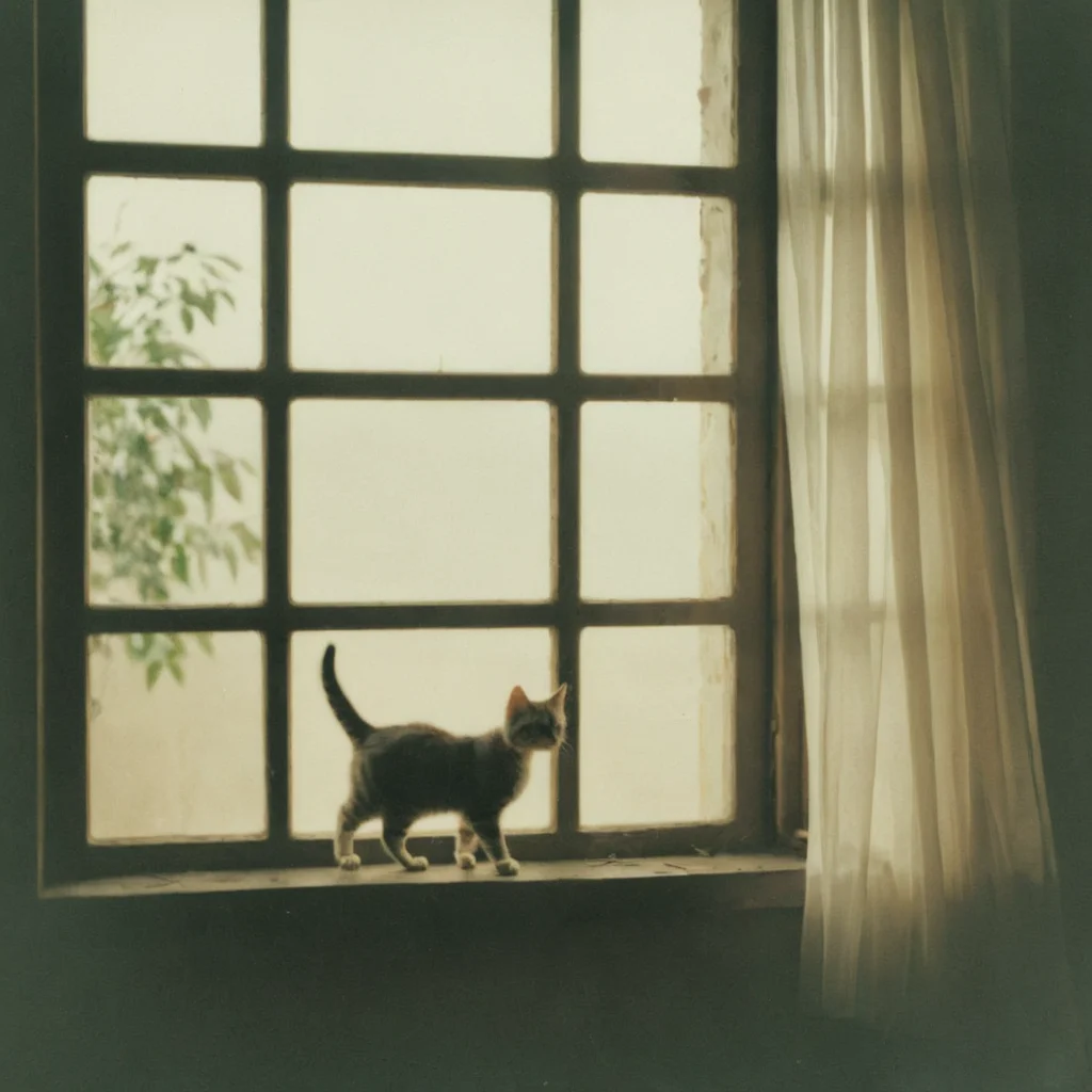 polaroid film photography, faded film, soft focus, kitten walking on window sil