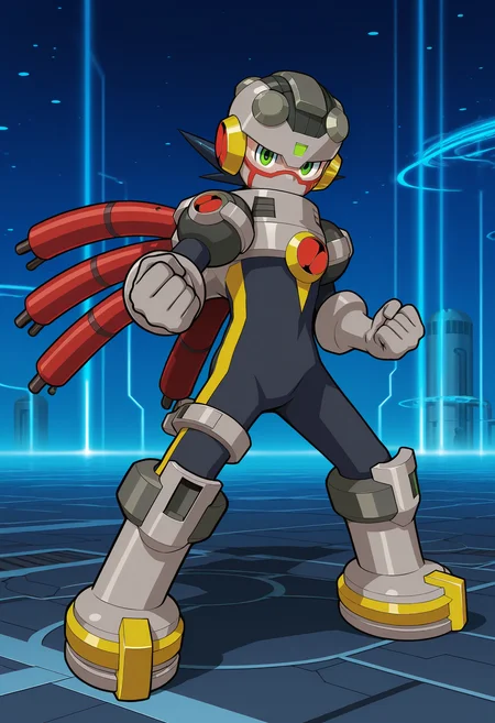 masterpiece,best quality,amazing quality,megaman.exe,junkman.exe,double soul \(mega man\),1boy,male focus,solo,green eyes,armor,bodysuit,fighting stance,helmet,full body,clenched hands,black bodysuit,looking at viewer,gloves,covered mouth,mask,boots,standing,grey gloves,legs apart,official art,cable,red cable,<lora:Junk_Soul_V1-1-000010:1>,