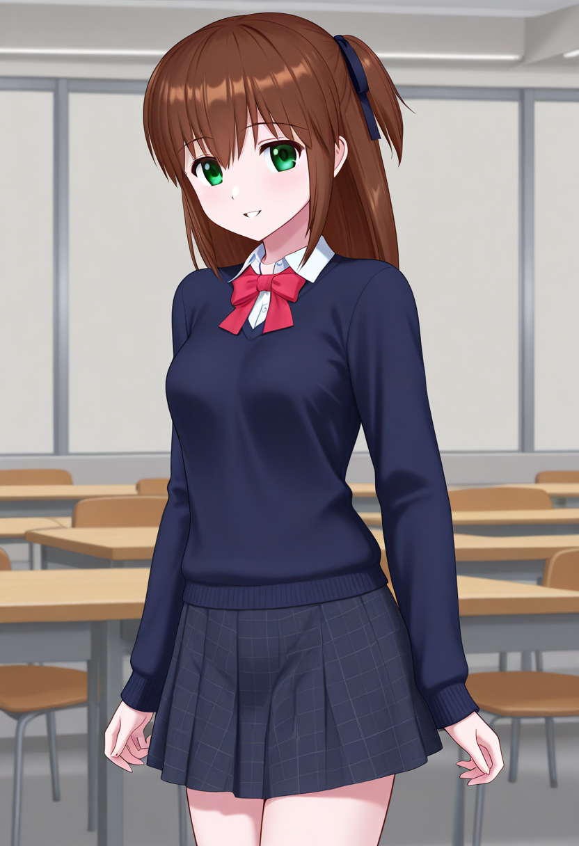 1girl, solo, miraimaisaka, brown hair, long hair, green eyes, hair ribbon, two-side up, dark blue sweater, collared shirt, long sleeves, neck bow, plaid skirt, indoors, cafeteria, cowboy shot, parted lips, smile, standing, looking at viewer