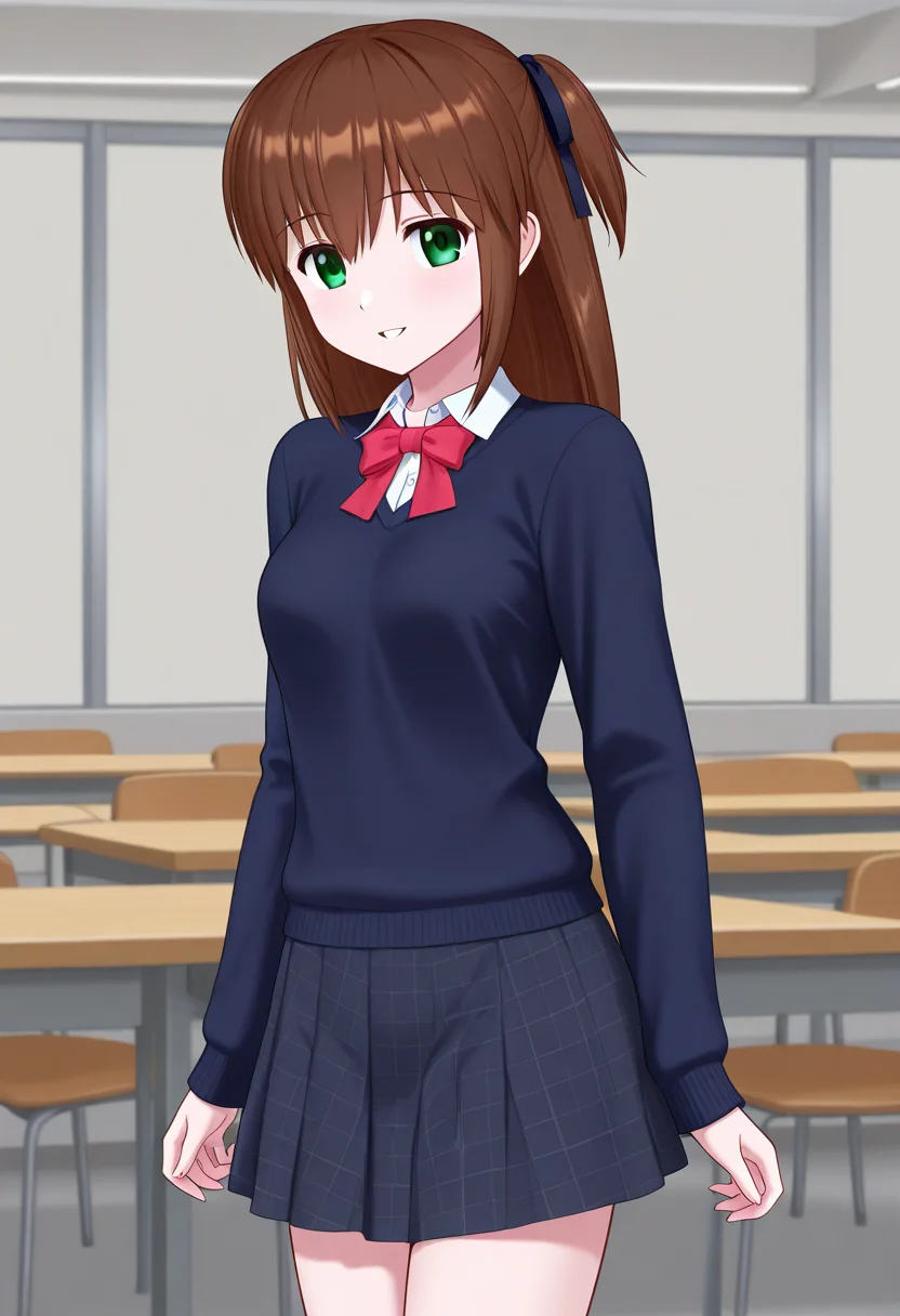 1girl, solo, miraimaisaka, brown hair, long hair, green eyes, hair ribbon, two-side up, dark blue sweater, collared shirt, long sleeves, neck bow, plaid skirt, indoors, cafeteria, cowboy shot, parted lips, smile, standing, looking at viewer