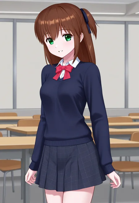 1girl, solo, miraimaisaka, brown hair, long hair, green eyes, hair ribbon, two-side up, dark blue sweater, collared shirt, long sleeves, neck bow, plaid skirt, indoors, cafeteria, cowboy shot, parted lips, smile, standing, looking at viewer