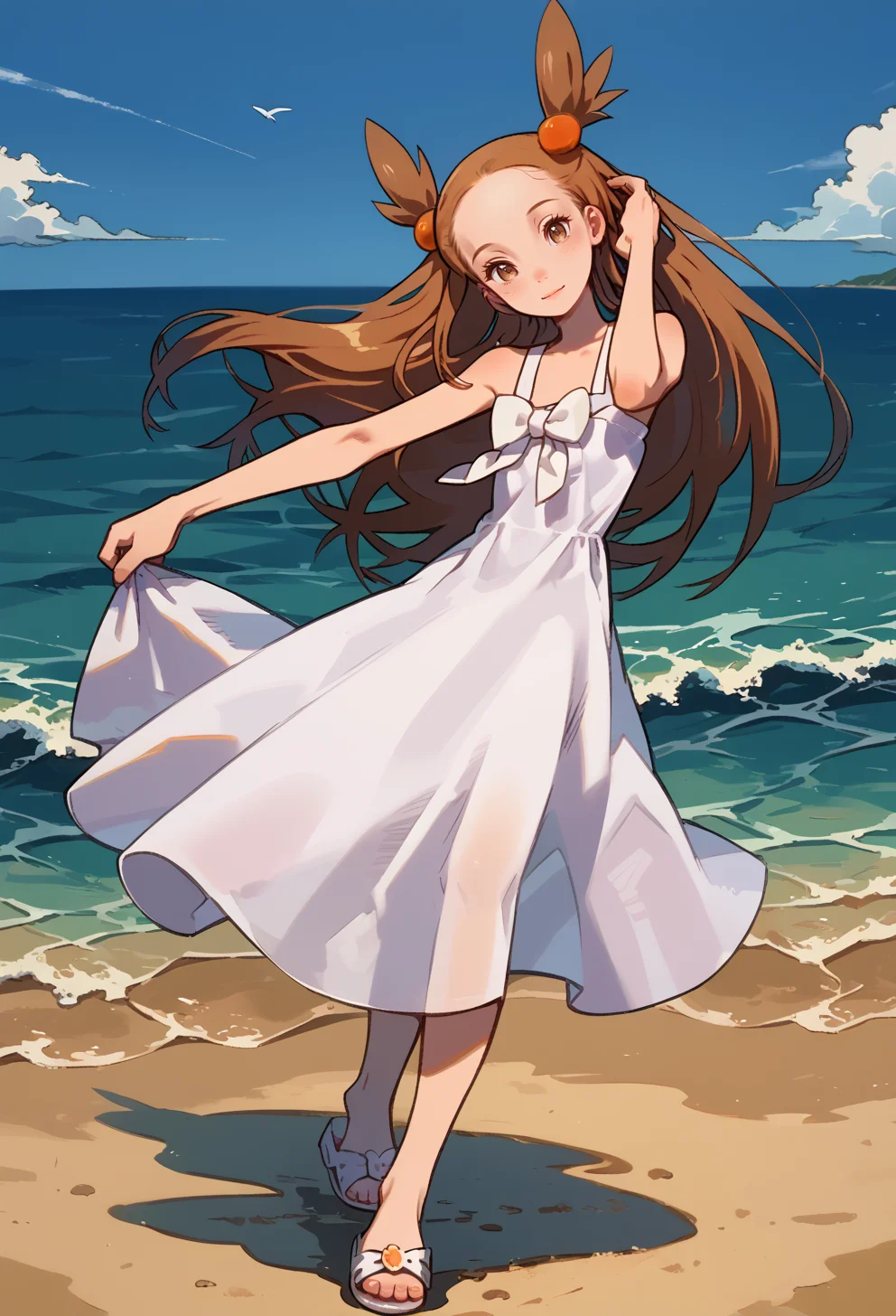 score_9, score_7_up, source_anime, BREAK light smile, ocean, blue sky, head tilt, floating hair, hand in own hair, <lora:Jasmine:1> J4SM1N3, brown hair, long hair, pigtails, brown eyes, Orange hair ornament, white dress, sundress, white bow, sandals, white footwear, sleeveless, <lora:kuroboshi_kouhaku_PonyXL_style_v01.09:1>