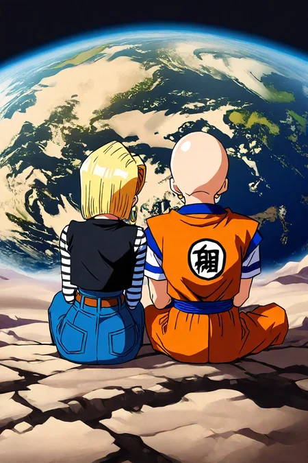 <lora:sitting_couple_IllustriousXL-000006:1>,masterpiece, highres, sitting , side-by-side, earth (planet), from behind, sitting on lunar surface, BREAK <lora:android-18-ponyxl-lora-nochekaiser:0.8> , 1girl, android 18, blonde hair, eyelashes, hoop earrings, short hair, earrings, belt, black legwear, black shirt, breast pocket, collarbone, denim, denim skirt, high-waist skirt, jewelry, long sleeves, pocket, shirt, shirt tucked in, skirt, striped, striped sleeves, waistcoat, BREAK <lora:KrillinPony:0.8>, 1boy, kuririn, bald, no sclera, martial arts clothes, orange vest, orange pants, blue sash, blue wristband, (sleeveless:1.5), blue flats, white short socks, black badge