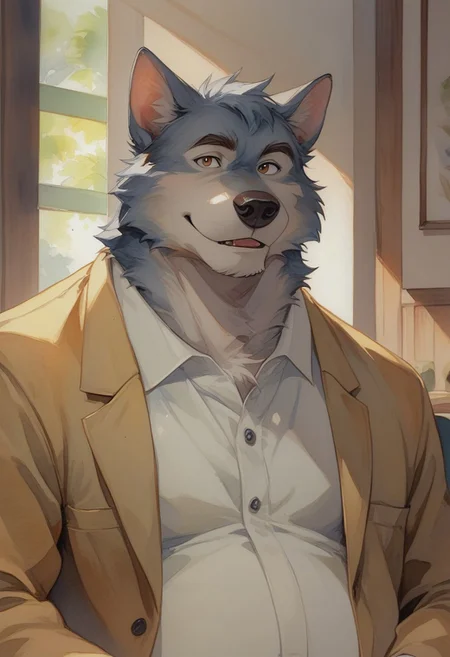 score_9, score_8_up, score_7_up, 1boy, furry male, male focus, furry, (baloo:1.2, wolf), solo, animal ears, two tone fur, dark grey and light grey fur, brown eyes, happy, (chubby:1.2), overweight, upper body, suit, looking at viewer, sitting in a recliner, indoors, cozy, lounge, noble, gentleman, detailed background, watercolor \(medium\), traditional media