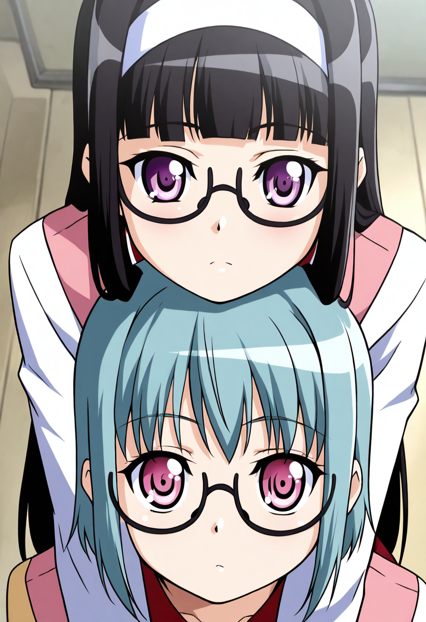 masterpiece, best quality, 2girl, eyelashes, (beautiful eyes),   zzSuzu, pink eyes, aqua hair, short hair, semi-rimless glasses,   zzMidori, purple eyes, black hair, long hair, white hairband, pink vest, long sleeves,   (upper body),  ,<lora:SuzuMidori_KanojoX3_IXL_v1:1.0>,