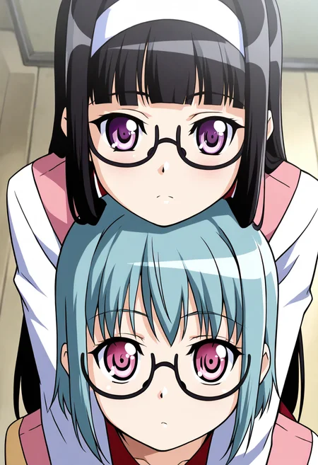masterpiece, best quality, 2girl, eyelashes, (beautiful eyes), zzSuzu, pink eyes, aqua hair, short hair, semi-rimless glasses, zzMidori, purple eyes, black hair, long hair, white hairband, pink vest, long sleeves, (upper body), ,<lora:SuzuMidori_KanojoX3_IXL_v1:1.0>,