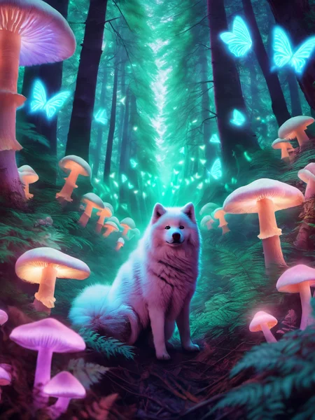 pet portrait of 1 chubby samoyed dog in a glowing forest with glowing mushrooms and glowing butterflies, hd, pet photography, distant portrait <lora:glowing_forest_pet_portrait-000004:1>