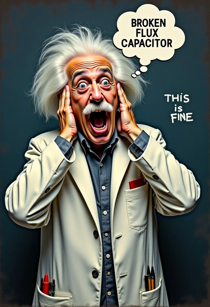 In the style of Vincent van Gogh, upper body, long shadows casted, distorted figure of Doc Brown the fictional scientist in the Back to the Future, with eyes open, white hair style like Einstein, wearing a white lab coat with pens in chest pocket, with a shocked and screeming facial expression, with hands on sides of head, with a perfect symmetry think bubble above head with text "BROKEN FLUX CAPACITOR", with text "THIS IS FINE" positioned on the bottom of screen