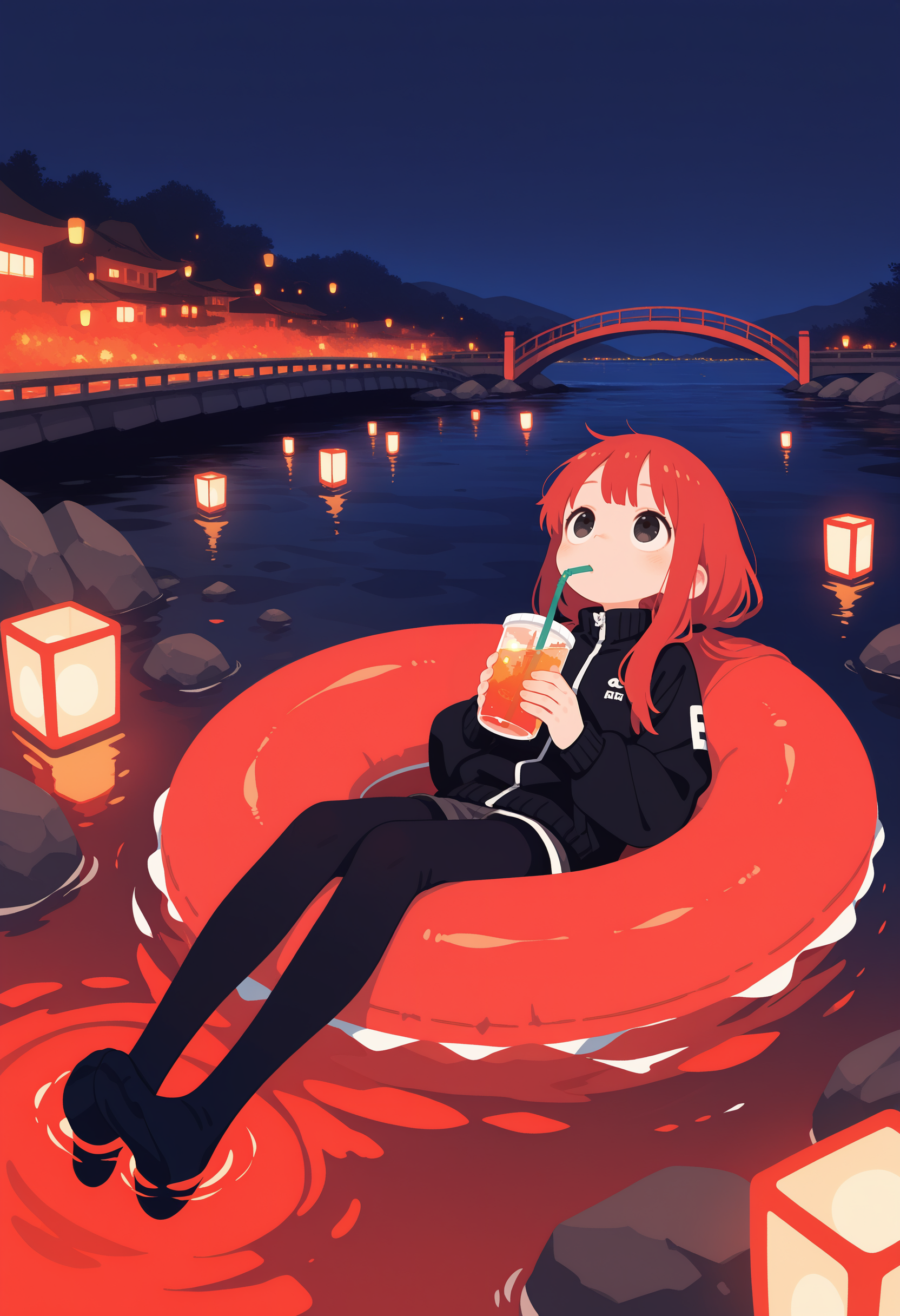 masterpiece,best quality,amazing quality, 1girl, solo, long hair, holding, sitting, jacket, pantyhose, outdoors, red hair, sky, pants, water, black eyes, black jacket, cup, torn clothes, night, looking up, holding cup, building, night sky, floating, swim ring, innertube, drinking straw, rock, lantern, drink, drinking, wide shot, red theme, bridge, river, paper lantern, afloat, holding drink, drinking straw in mouth, sky lantern, haiz_ai, no lineart,no outline, <lora:ponyv6_noobE11_2_adamW-000017:0.3> <lora:MeMaXL4:0.8> <lora:veluflora-wai:0.4> <lora:haiz_ai_illu:0.7>