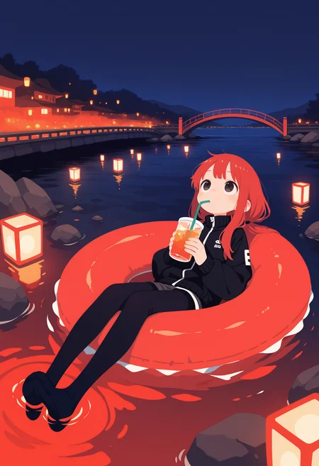 masterpiece,best quality,amazing quality, 1girl, solo, long hair, holding, sitting, jacket, pantyhose, outdoors, red hair, sky, pants, water, black eyes, black jacket, cup, torn clothes, night, looking up, holding cup, building, night sky, floating, swim ring, innertube, drinking straw, rock, lantern, drink, drinking, wide shot, red theme, bridge, river, paper lantern, afloat, holding drink, drinking straw in mouth, sky lantern, haiz_ai, no lineart,no outline, <lora:ponyv6_noobE11_2_adamW-000017:0.3> <lora:MeMaXL4:0.8> <lora:veluflora-wai:0.4> <lora:haiz_ai_illu:0.7>