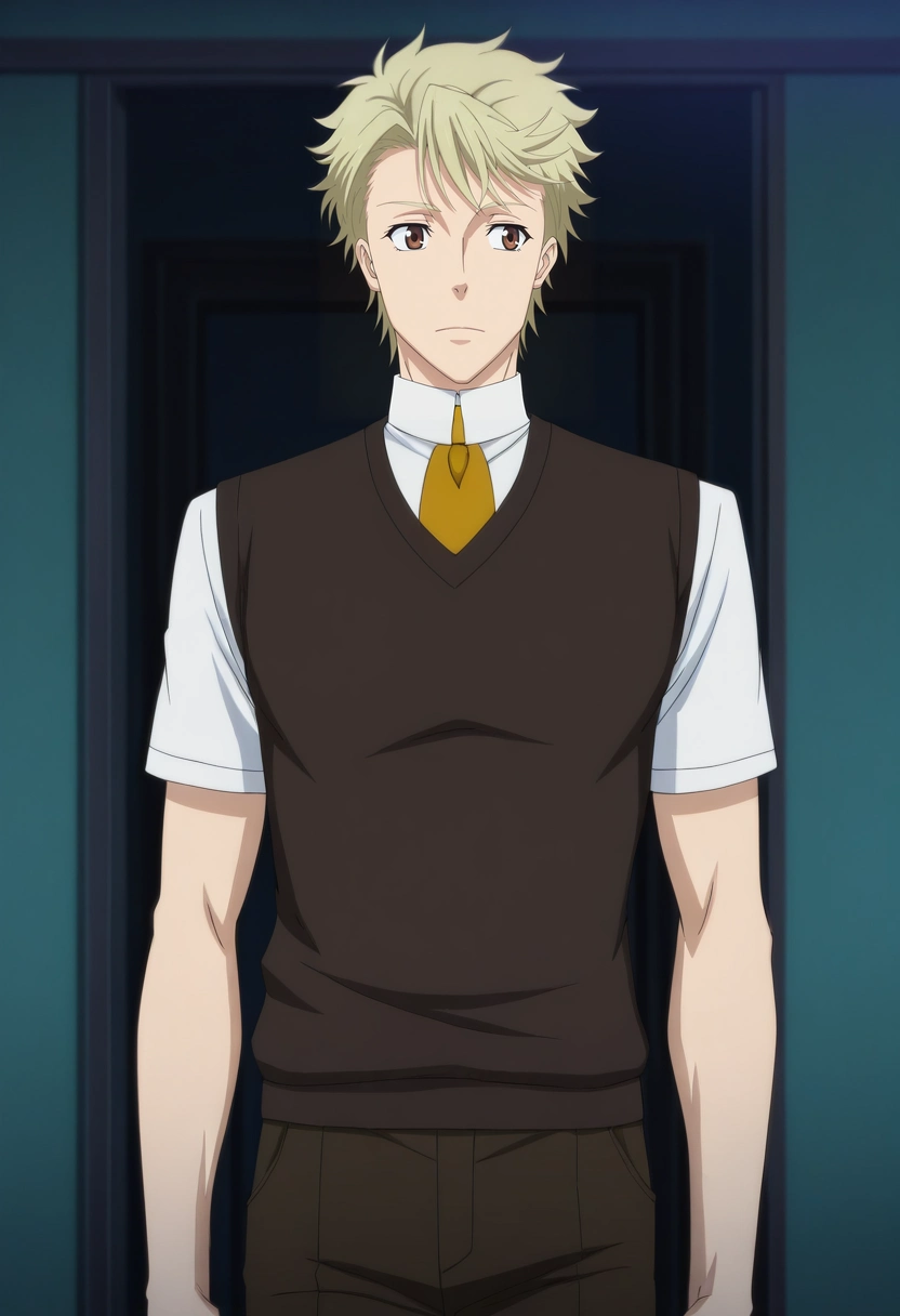masterpiece, best quality, anime screencap, official style, anime coloring, cowboy shot, 1boy, solo, male focus, <lora:john_h_watson_ilxl:0.9>, john_h_watson, blonde hair, brown eyes, short hair, ,