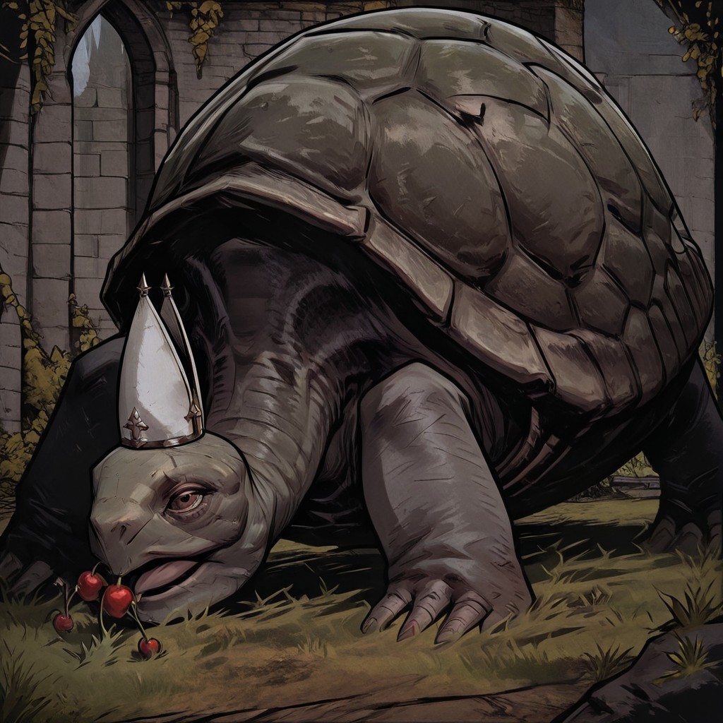 masterpiece, best quality, newest, absurdres, highres, cherry-gig, TTCSV1.0, MTDPV1.0, turtle, tortoise, hat, mitre, white headwear, oversized animal