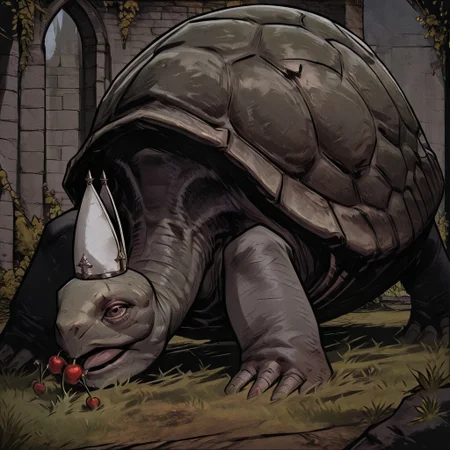 masterpiece, best quality, newest, absurdres, highres, cherry-gig, TTCSV1.0, MTDPV1.0, turtle, tortoise, hat, mitre, white headwear, oversized animal