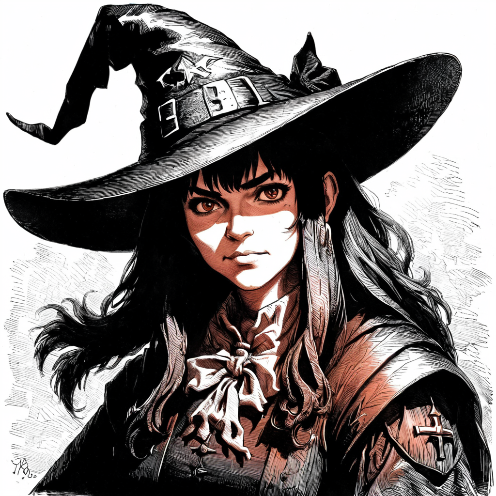 monochrome portrait of megumin,witch hat,art by llbreton,  <lora:LLBretonXL2:1>
