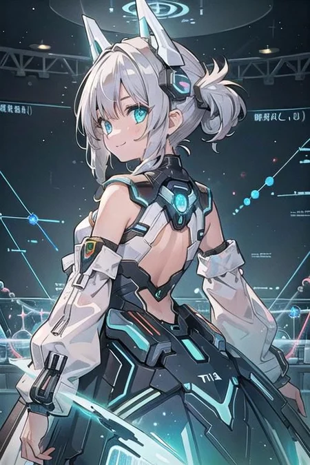 (masterpiece), (science fiction:1.4), 1girl, her back turned, smile, silver hair, aqua eyes, headgear, long sleeves, detached sleeves, glowing energy clothing, light particles