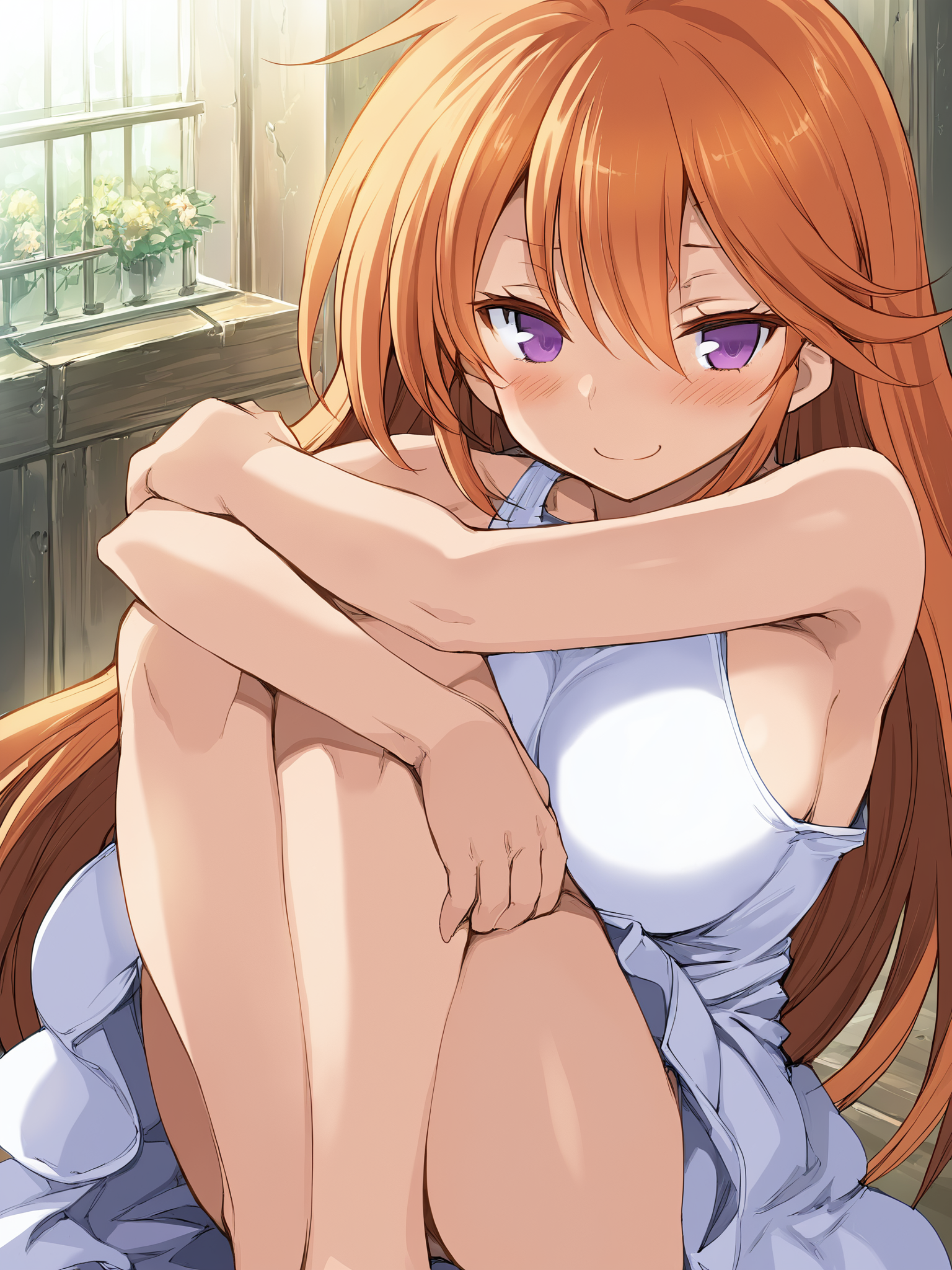 score_9, source_anime, 1girl, orange hair, purple eyes, blush, smirk, half-closed eyes, close-up, upper body, white sundress, huge breasts, hugging own legs, looking at viewer,<lora:Cool_Rance_XL:0.87>