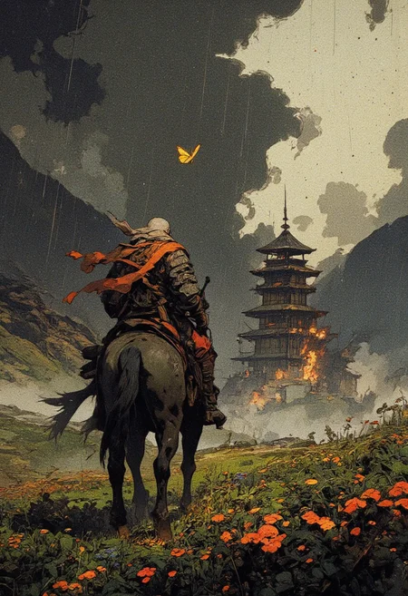 A dramatic digital painting of a lone warrior riding a horse through a stormy landscape. The warrior, clad in traditional samurai attire with a flowing scarf, is moving towards a burning pagoda in the distance, engulfed in flames. The setting is an overgrown meadow with wildflowers bending under the wind and rain. The sky is dark and ominous, with heavy storm clouds and streaks of rain falling diagonally, adding motion and intensity to the scene. A single golden butterfly floats near the warrior, symbolizing hope amidst chaos. The background features mist-covered mountains, partially obscured by the storm, creating a cinematic depth. The color palette consists of deep grays and greens, contrasted by the fiery orange of the burning structure. The painting has a semi-realistic, painterly style with strong atmospheric elements, evoking a sense of solitude, urgency, and destiny.
, anime, cyberpunk