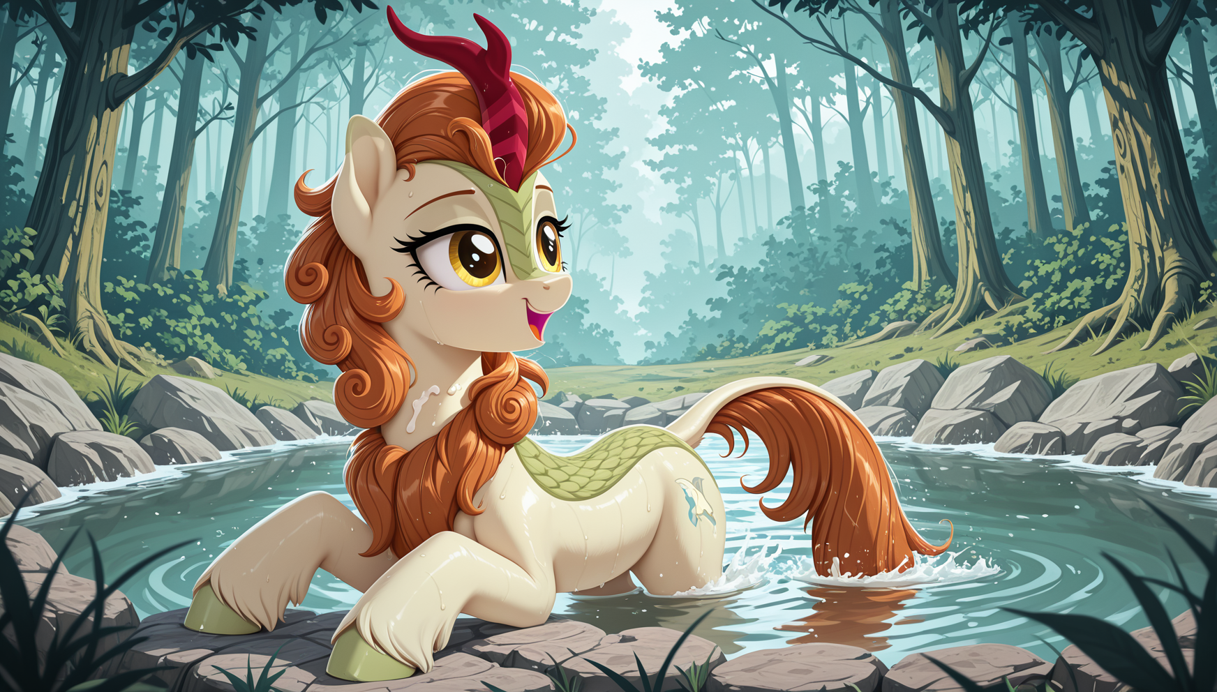 resolution, masterpiece, high resolution, (SOLO: 1.2) my little pony, friendship is magic, wild, detailed background,
forest, bathing, 
, pony, kirin, light cream body, rich orange-brown mane and tail, pale green scales on neck and shoulders, golden eyes, unusually shaped horn with stripes, long, lush mane, <lora:autumn_blaze:1>