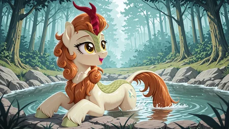 resolution, masterpiece, high resolution, (SOLO: 1.2) my little pony, friendship is magic, wild, detailed background,
forest, bathing,
, pony, kirin, light cream body, rich orange-brown mane and tail, pale green scales on neck and shoulders, golden eyes, unusually shaped horn with stripes, long, lush mane, <lora:autumn_blaze:1>