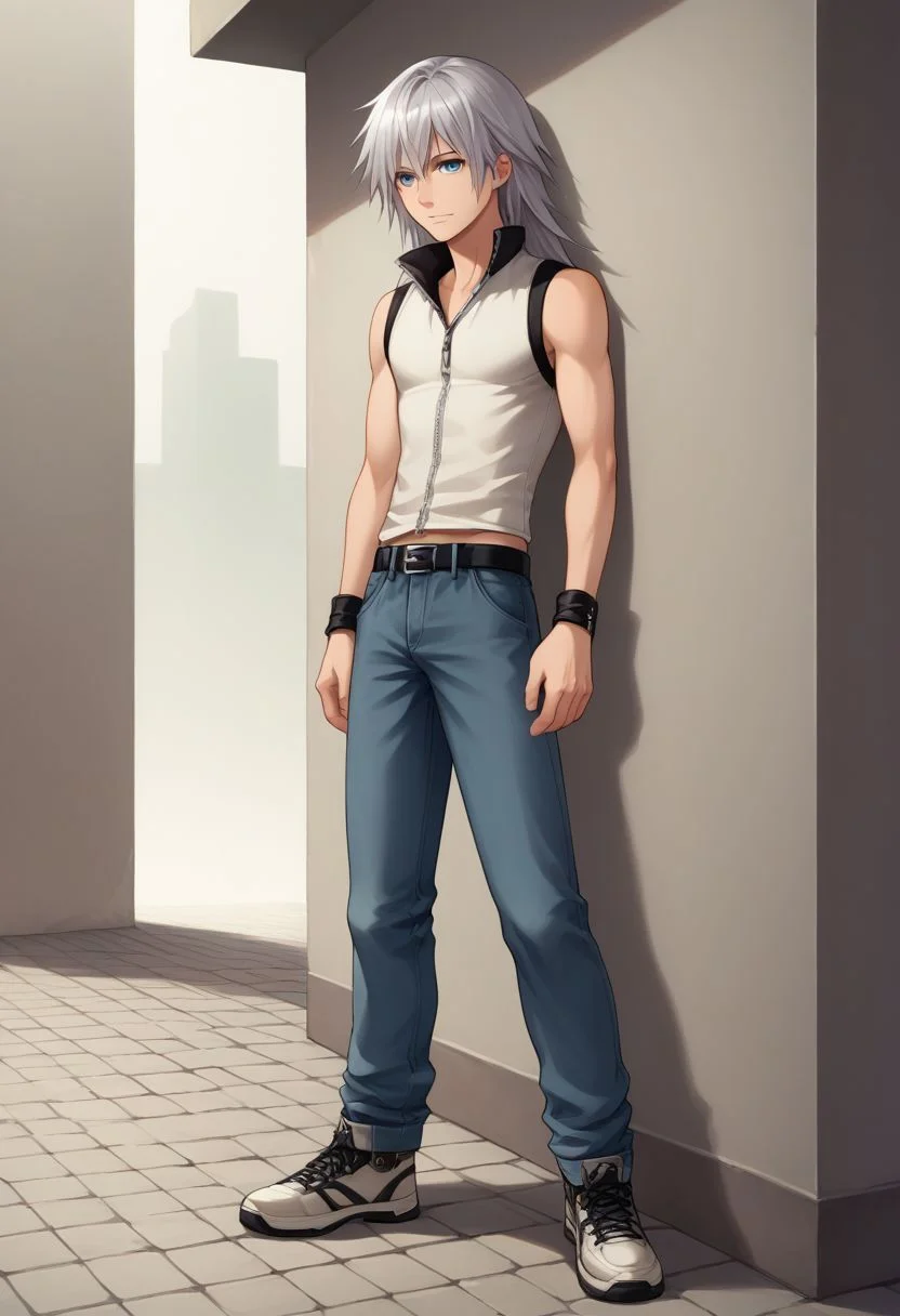 score_9, score_8_up, source_anime, highly detailed, 1boy, solo, male_focus slender, skinny, 
riku, 1boy. male focus, solo, blue eyes, belt, wristband, pants, full body, zipper, shoes, silver hair, sleeveless, sneakers, long hair,
outdoor,