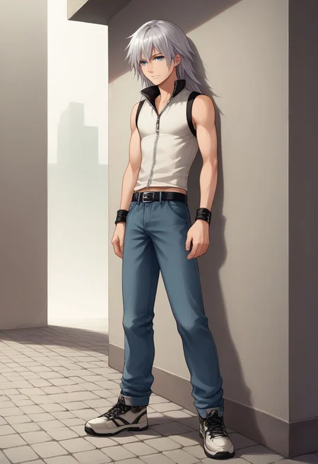 score_9, score_8_up, source_anime, highly detailed, 1boy, solo, male_focus slender, skinny,
riku, 1boy. male focus, solo, blue eyes, belt, wristband, pants, full body, zipper, shoes, silver hair, sleeveless, sneakers, long hair,
outdoor,